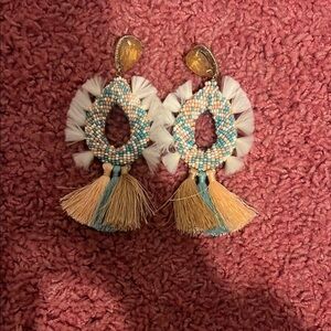 Beaded Tassel Earrings with Blue and Tan Accents